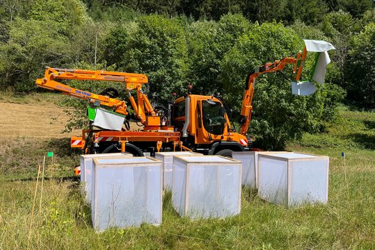 Insektenfreundlicher Mäher mit Insektenscheuche und Käfige auf einer Wiese