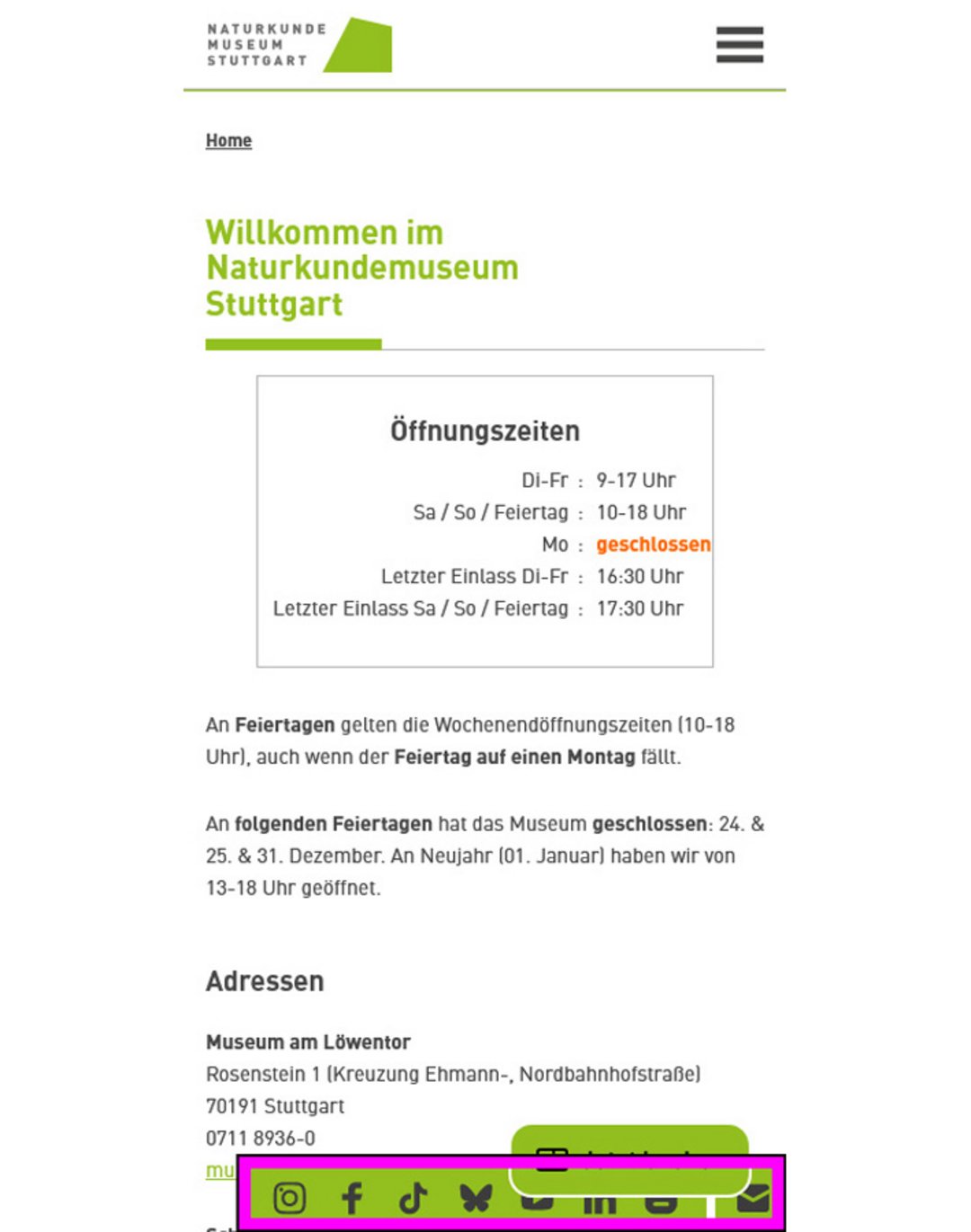 markierte Social Media Leiste in der mobilen Version der Seite des Naturkundemuseums Stuttgart