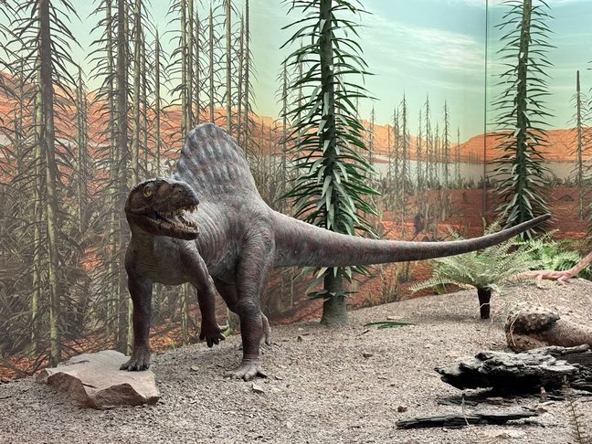 Modell des Sauriers Arizonasaurus in nachgebauter Landschaft