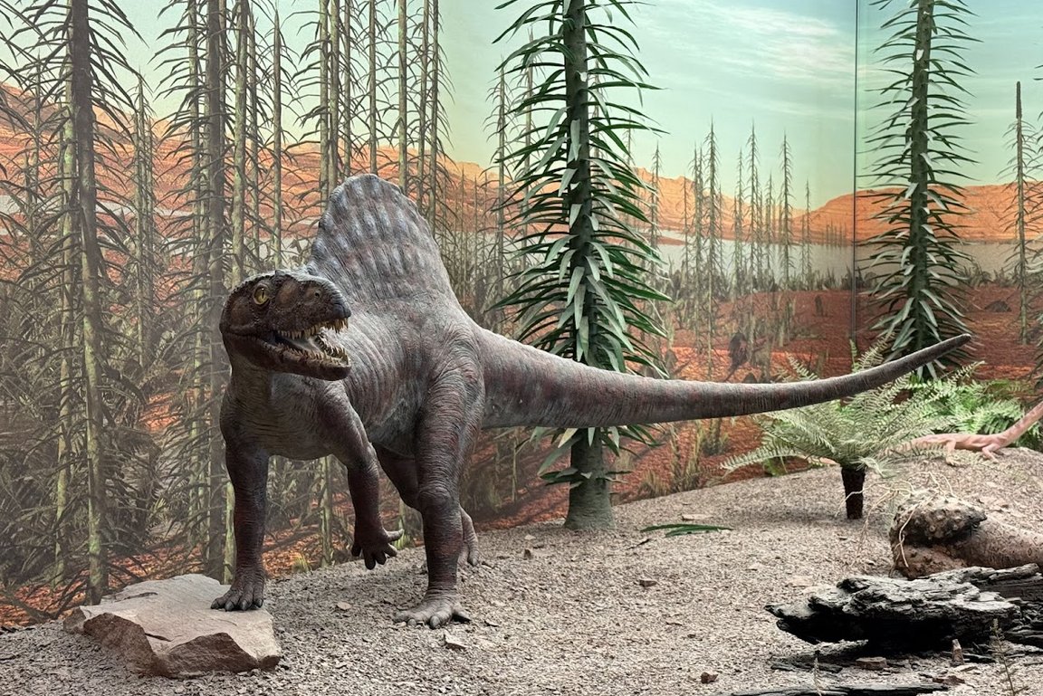Modell des Sauriers Arizonasaurus in nachgebauter Landschaft