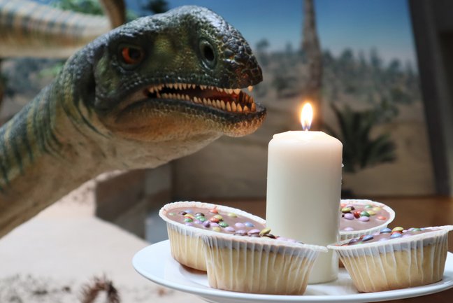 Modell eines Sauriers neben Teller mit Geburtstagskuchen und brennender Kerze.