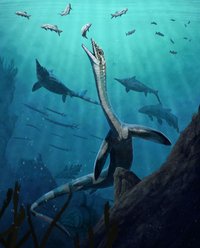 Paläoart eines Meeresreptils unter Wasser bei der Jagd auf Fische