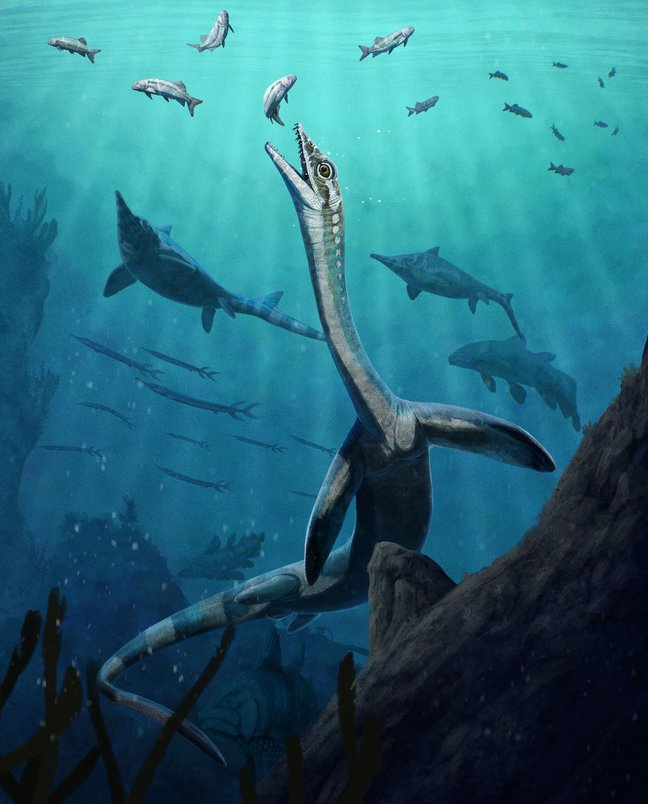 Paläoart eines Meeresreptils unter Wasser bei der Jagd auf Fische