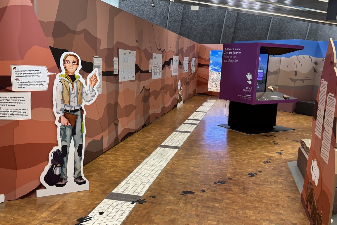 Blick in den Ausstellungsbereich Buntsandstein mit Comicfigur, Sprechblase und Ausstellungstexten