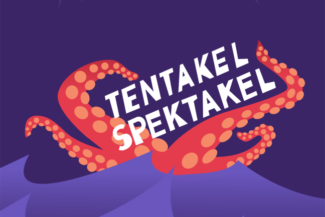 Grafisch gestaltete Tentakel, die aus Wasser herausgreifen mit Schriftzug Tentakel Spektakel