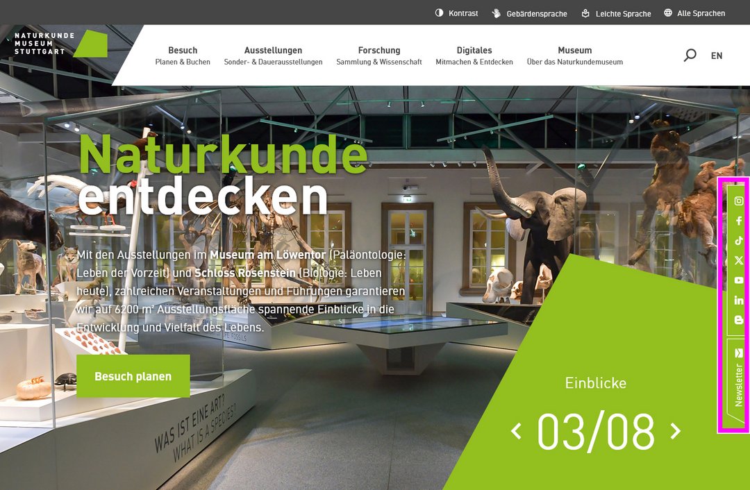 Startseite des Naturkundemuseums Stuttgart mit markiertem Social-Media-Balken