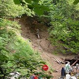 Paläontologische Grabung an einem Hang in einem Waldstück