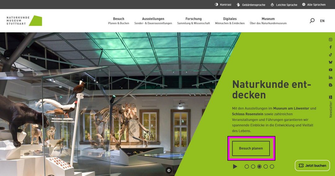 Startseite des Naturkundemuseums Stuttgart mit markiertem Button im Header