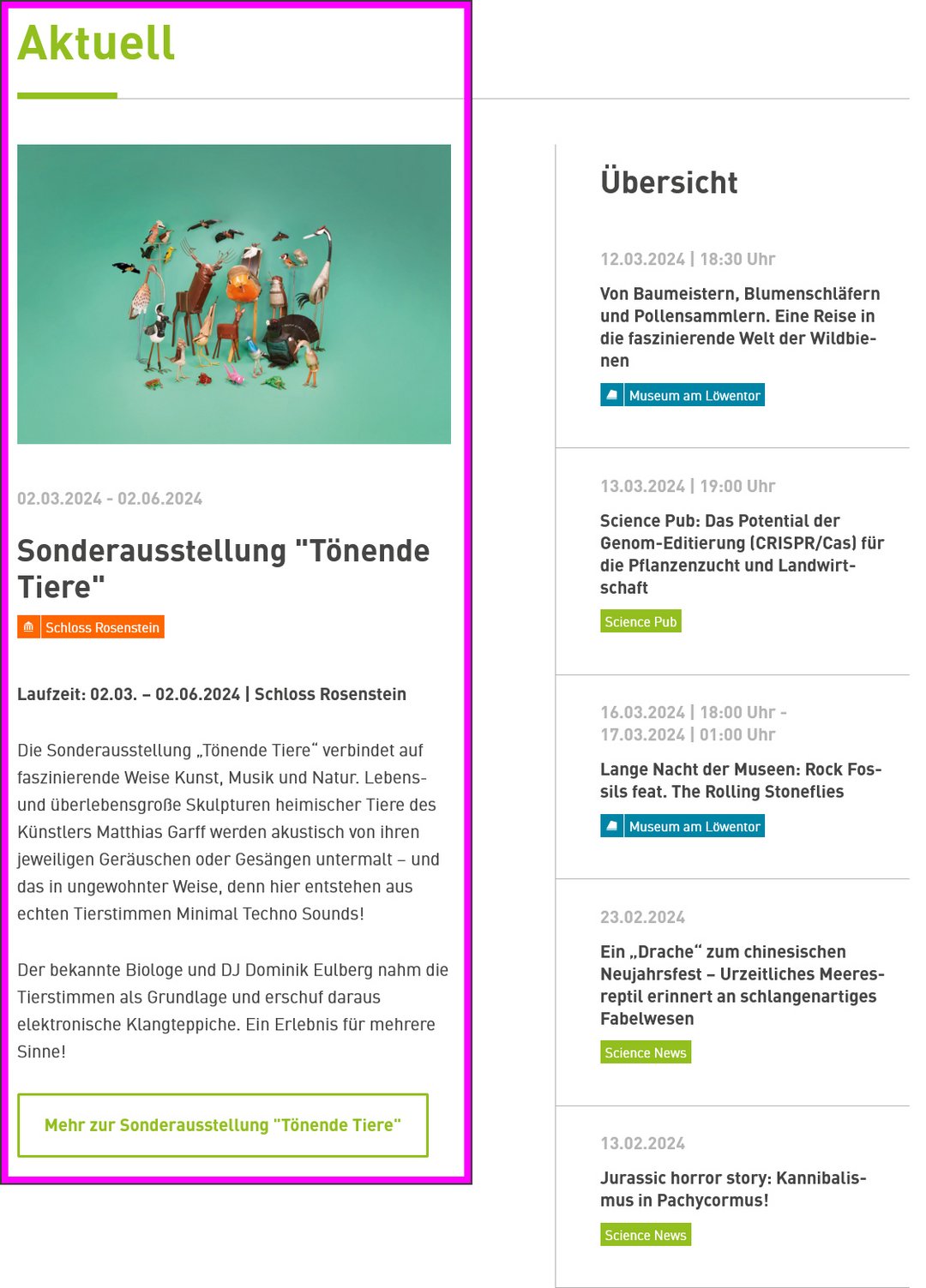 Aktuelle Informationen auf der Startseite des Naturkundemuseums Stuttgart