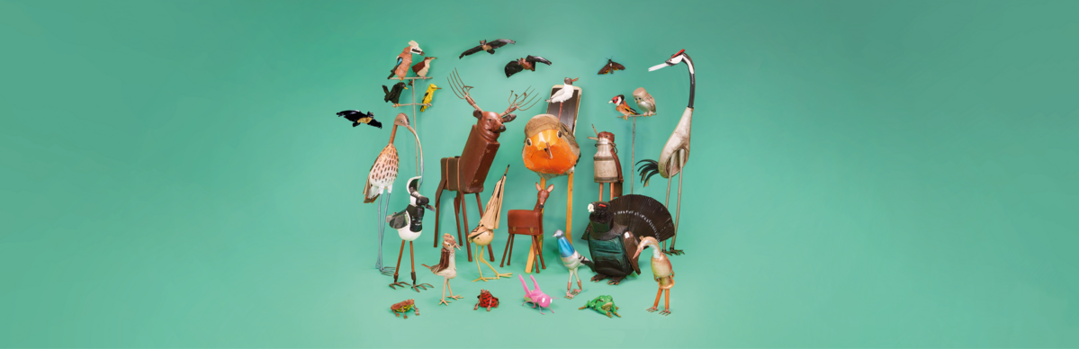 Plakatmotiv Sonderausstellung Tönende Tiere mit Zusammenstellung der Skulpturen