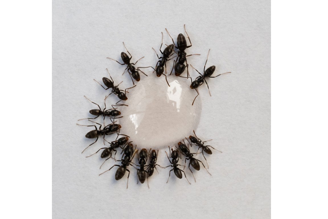 Das Bild zeigt schwarze, unterschiedlich große Arbeiterinnen der Großen Drüsenameise auf einem weißen Hintergrund. Die Ameisen sind um einen Tropfen zuckerhaltigen Sirups versammelt und nehmen diesen auf. Deutlich sind Größenunterschiede der Arbeiterinnen zu erkennen.