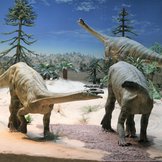 Modelle des Dinosauriers Plateosaurus in nachgebauter Urzeit-Landschaft