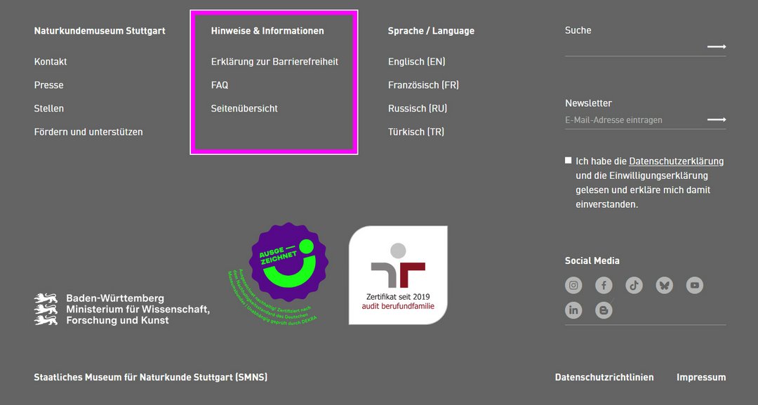 Unterster Bereich der Website des Naturkundemuseums Stuttgart mit markiertem Bereich zu Hinweisen und Informationen