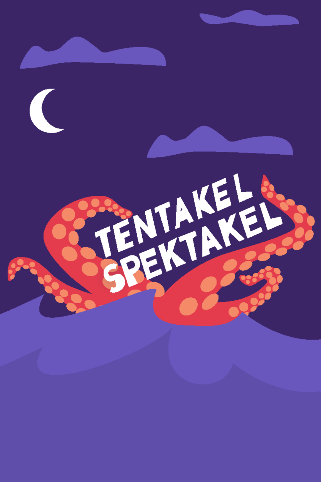Grafisch gestaltete Tentakel, die aus Wasser herausgreifen mit Schriftzug Tentakel Spektakel