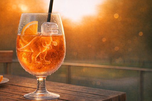 Cocktail mit Strohhalm und einem Eiswürfel in Tyrannosaurusform