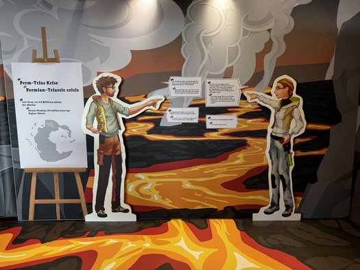 Zwei im Comicstil gezeichnete Figuren mit Sprechblasen vor gezeichnetem Hintergrund mit Lavaströmen