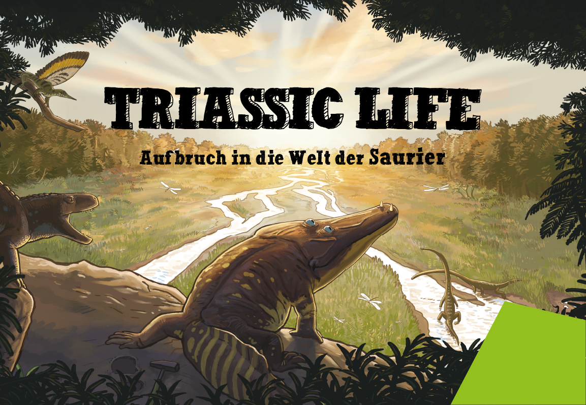 Zeichnung von verschiedenen Urzeittieren, die über eine Landschaft schauen, mit Schriftzug Triassic Life - Aufbruch in die Welt der Saurier