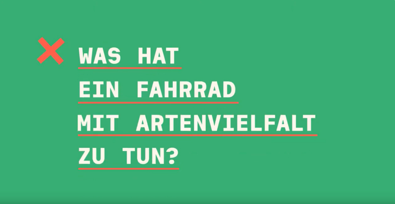 Text auf grünem Grund: Was hat ein Fahrrad mit Artenvielfalt zu tun?