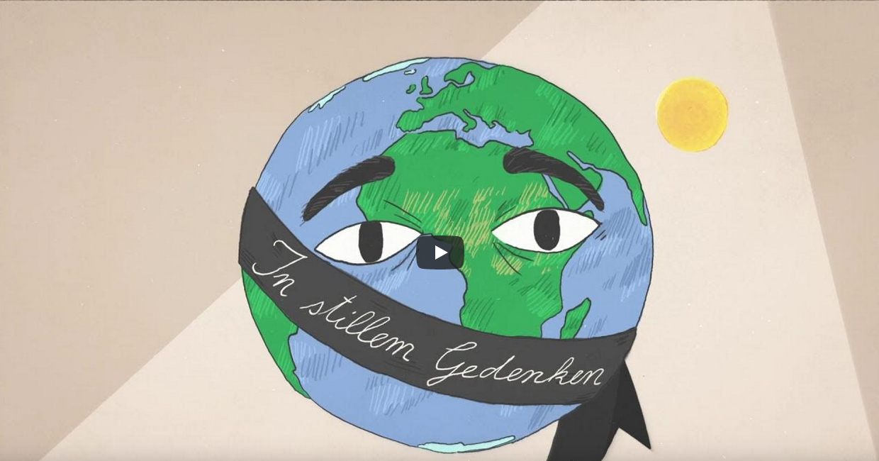 Eine gezeichnete Erde mit Trauerflor und dem Schriftzug "In stillem Gedenken"