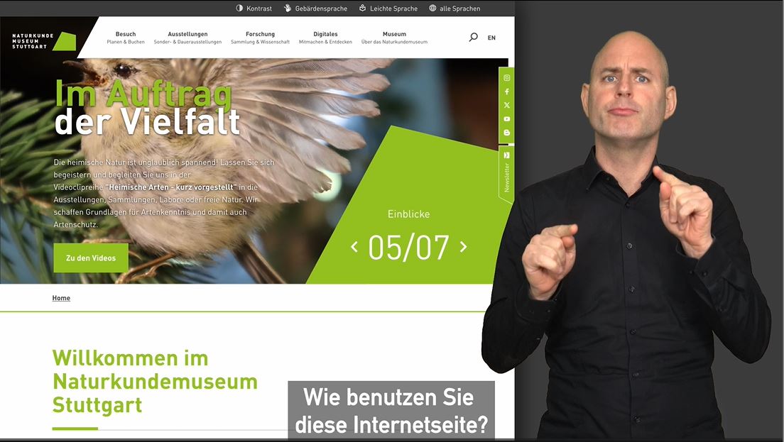 Screenshot aus dem Video in Deutscher Gebärdensprache mit Informationen zum Naturkundemuseum Stuttgart